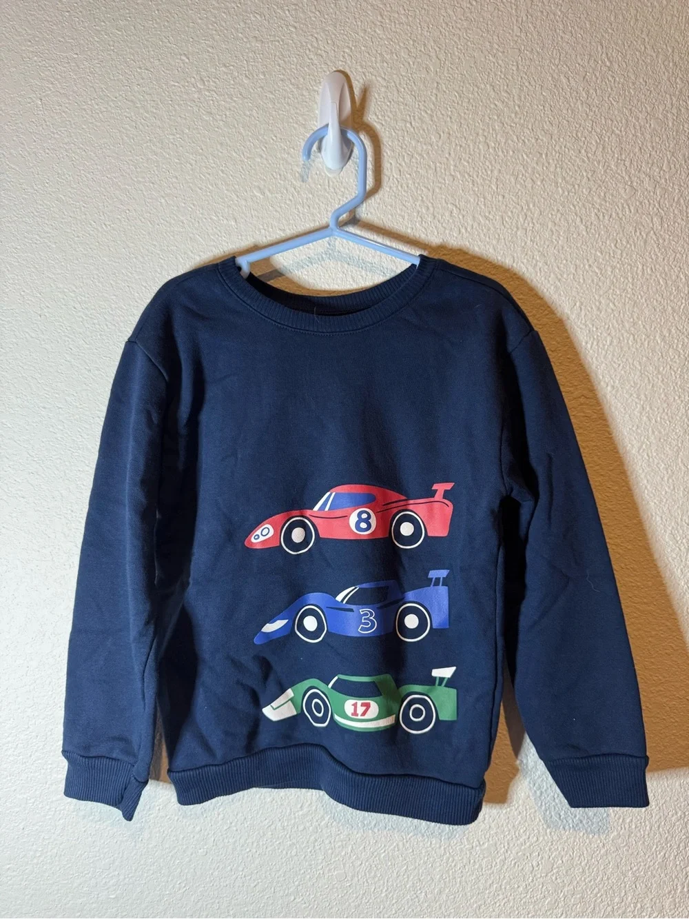Kids Navy Sweatshirt with Red, Blue and Green Race Car Graphics